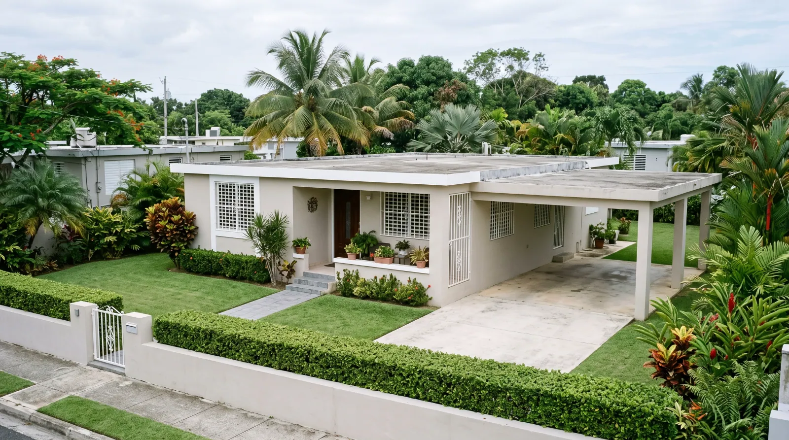 Casa de hormigón en Puerto Rico con el patio recortado, el seto recto y la marquesina limpia.