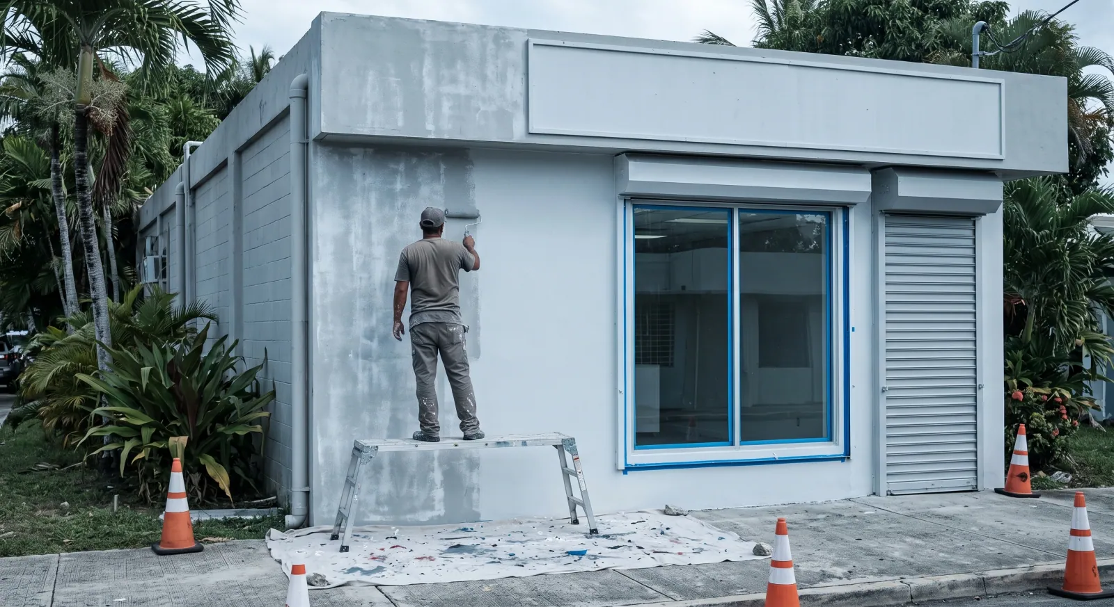 Fachada de un local comercial a medio pintar, con la línea de corte marcada por cinta de pintor.